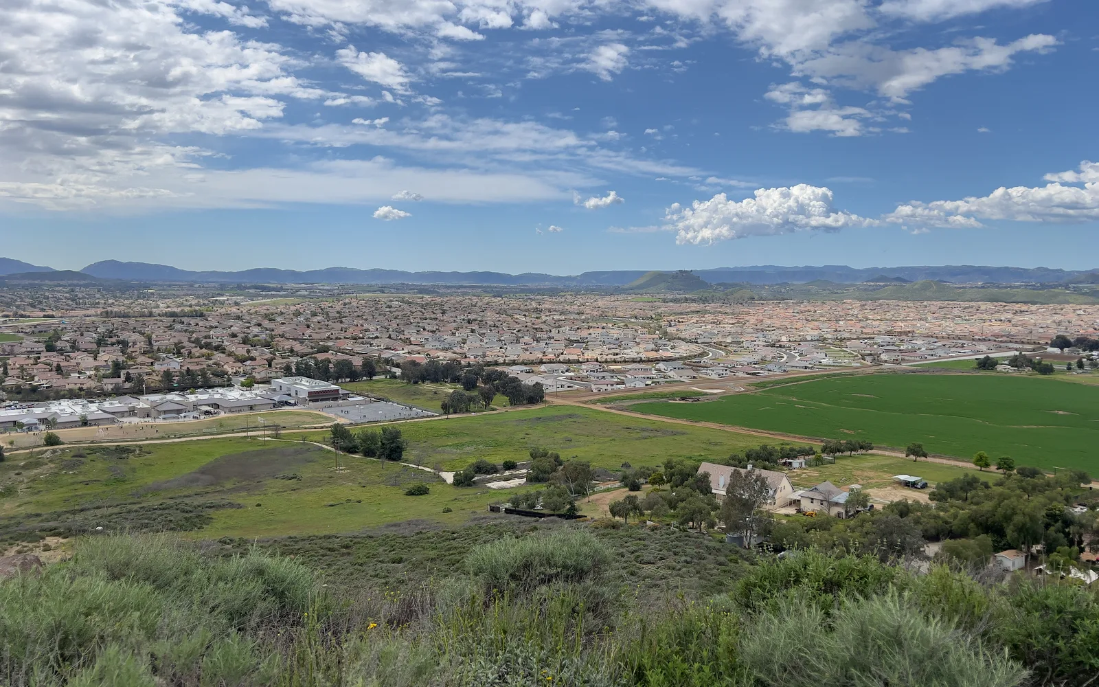 Aerial view of suburban residential neighborhoods in a Central Valley community showing residential development and housing patterns